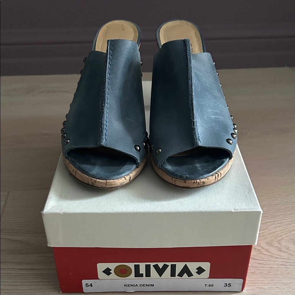 Women's Blue Leather Mules